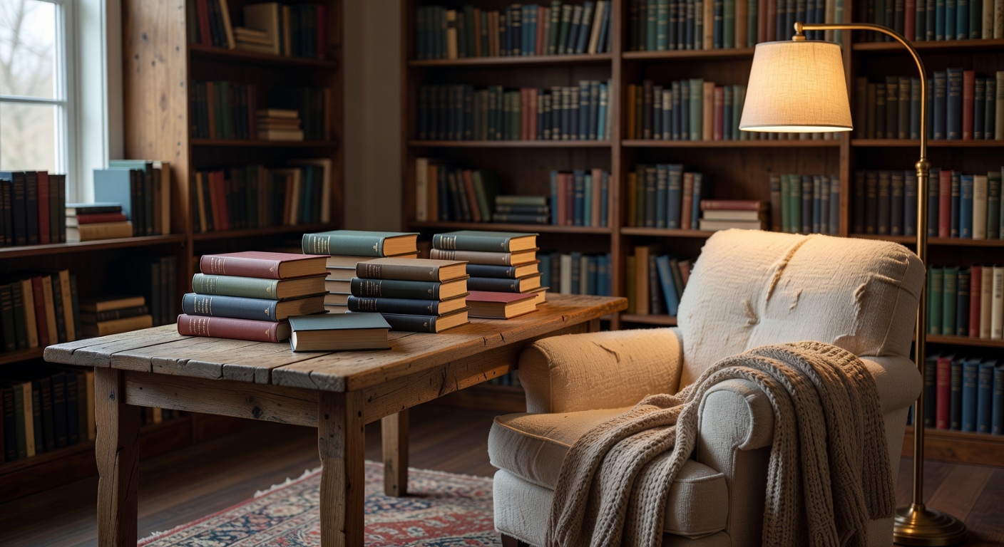 Cozy reading corner with books on a wooden table