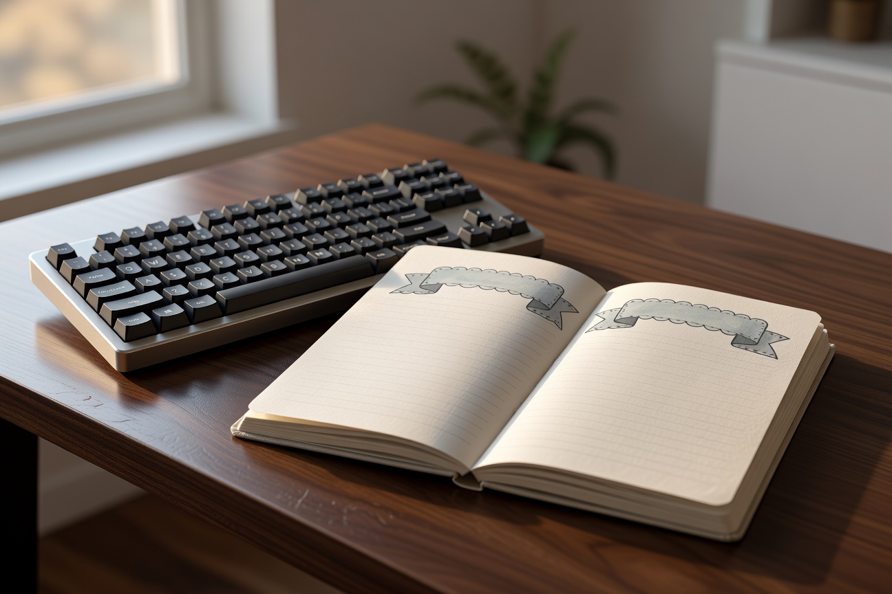 Keyboard and notebook on a desk